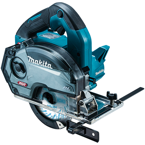 125mm充電式チップソーカッタCS003Gの本体外観。XGTとBLブラシレスの表示が入り、透明のダストボックスと平行定規、125/30Tの刃が付いています