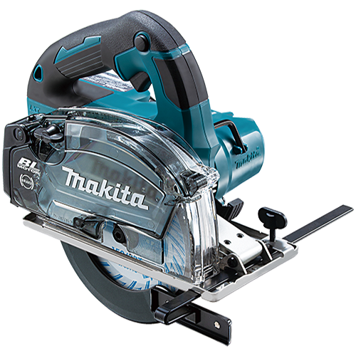 150mm充電式チップソーカッタCS553Dの本体外観。透明のダストボックスと平行定規が付き、側面にBLブラシレスの表示があります