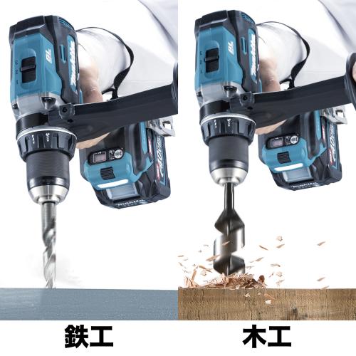 左に「鉄工」、右に「木工」と並べた2枚組の比較図。左は金工用のキリで鉄板に穴をあける場面、右はオーガビットで木材に穴をあけて切り屑が飛んでいる場面で、どちらもマキタの充電式ドライバドリルDF003Gを使っています。