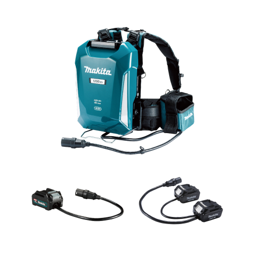電源ユニット自体がリチウムイオンバッテリーのポータブル電源PDC1200の外観。本体に直流36V（40Vmax）の表示が入り、肩掛けバンドアッセンブリと腰ベルト、アダプタポケットが付いています。下段は別販売品のアダプタセット品で、40Vmax用1個のものと18V用2個組のものの2種類です。